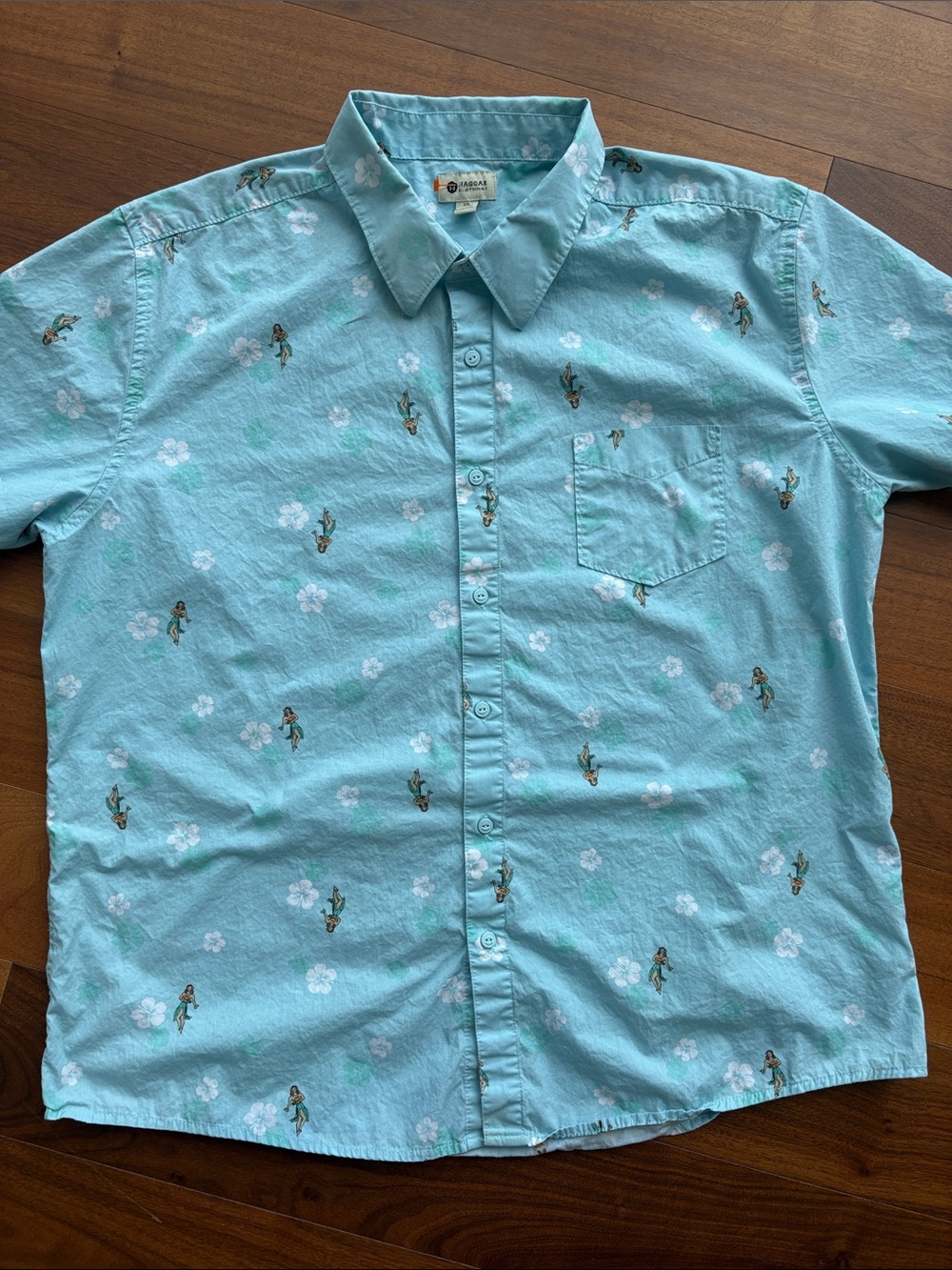 Haggar Hawaiian Shirt 100% Cotton Light Blue Short-Sleeve Button-Down